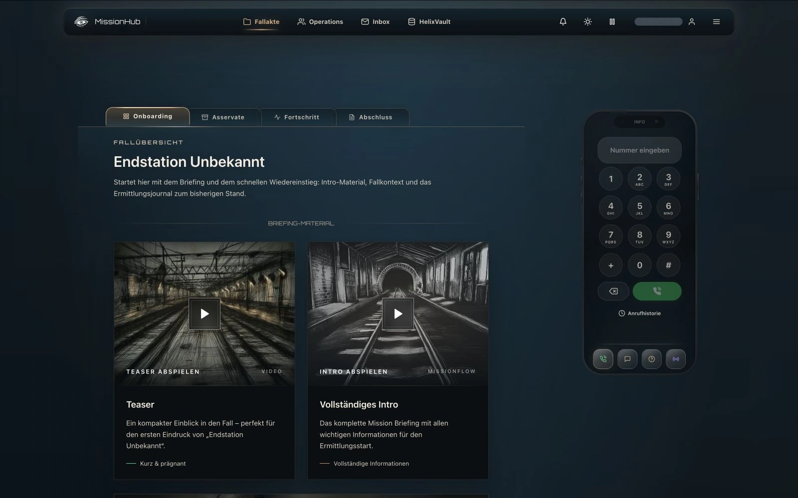MissionHub im Fall Endstation Unbekannt: Fallakte mit Briefing, Navigation und virtuellem Smartphone rechts.