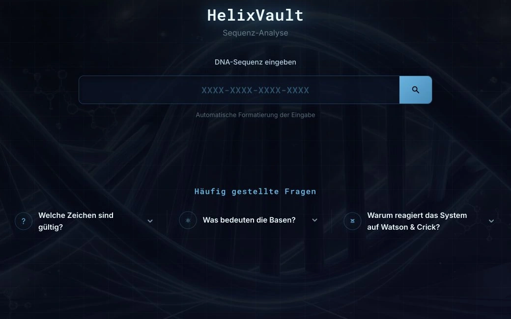 HelixVault im MissionHub mit leerem Eingabefeld für eine DNA-Sequenz und Erläuterungen zur Analyse.